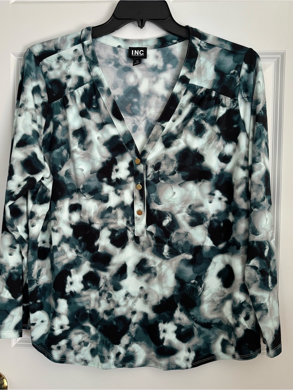 INC International Concepts Black, Teal & White Abstract Henley Blouse